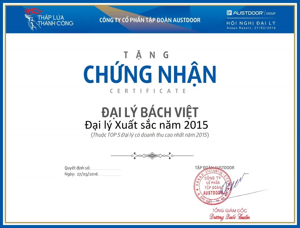 giấy chứng nhận đại lý xuất sắc